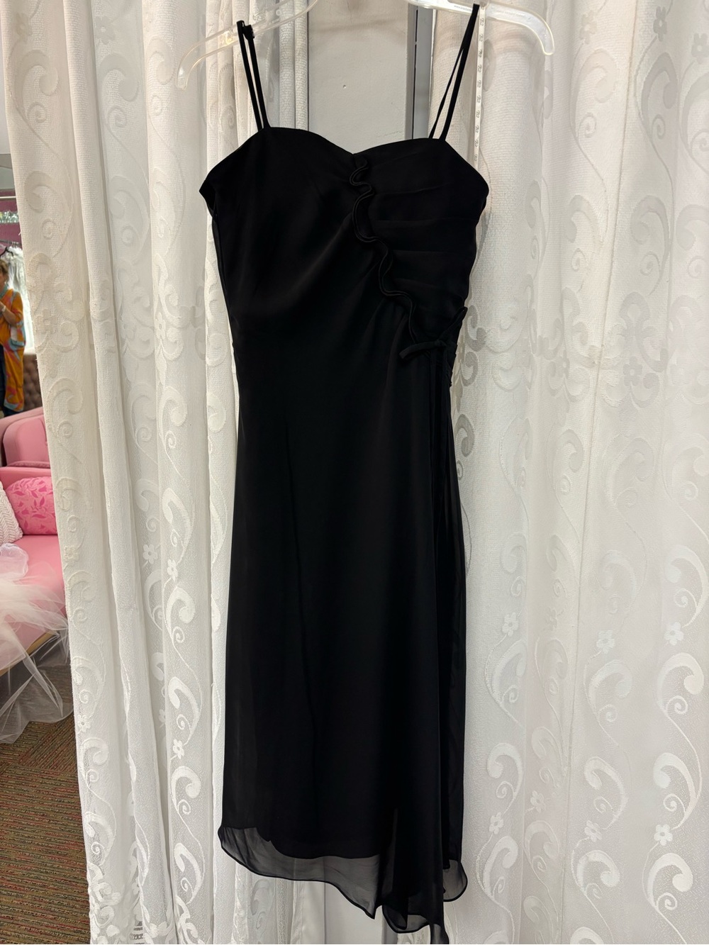 Black Midi Slip Dress with Asymmetric Ruffle and Double Spaghetti Straps